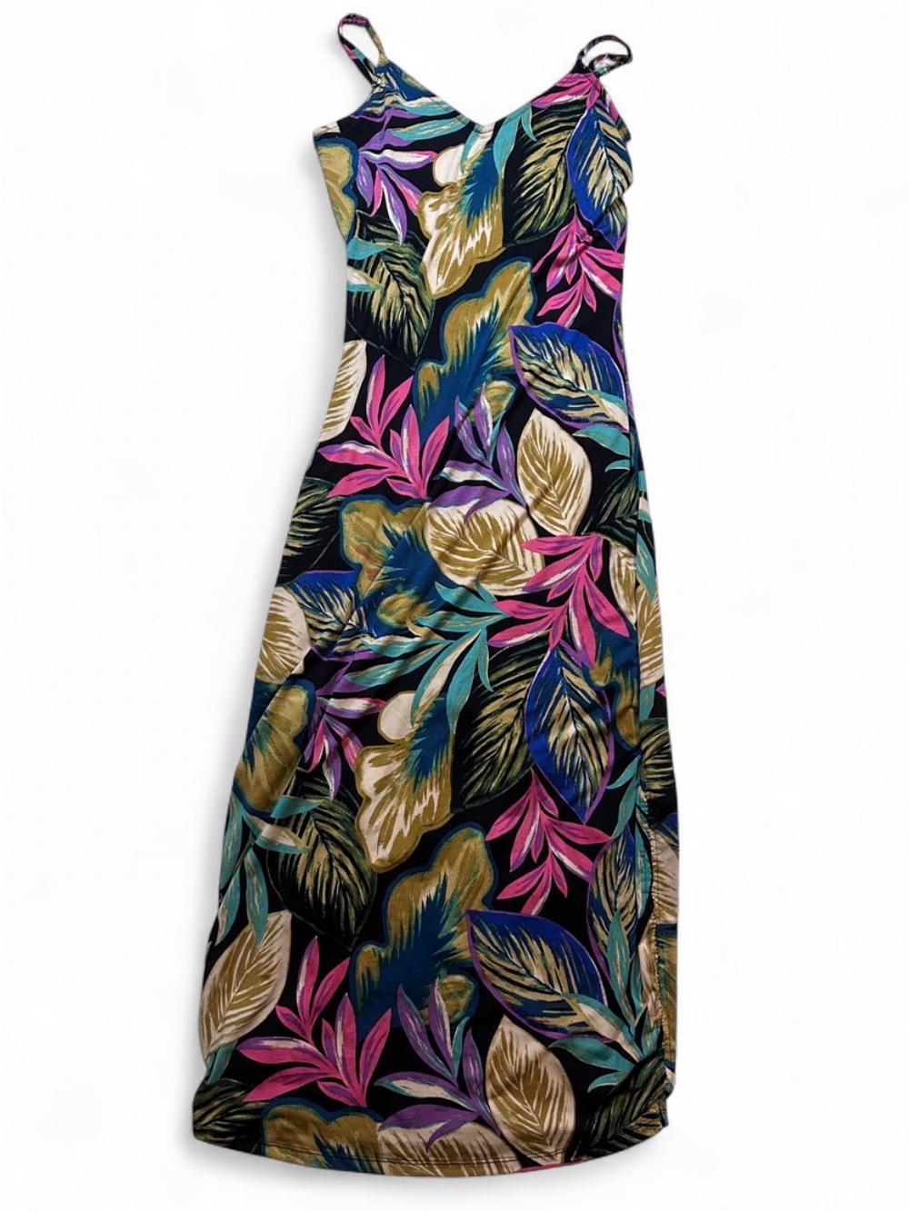 Women’s Tropical Leaf Slip Maxi Dress in Black with Pink & Teal Leaves